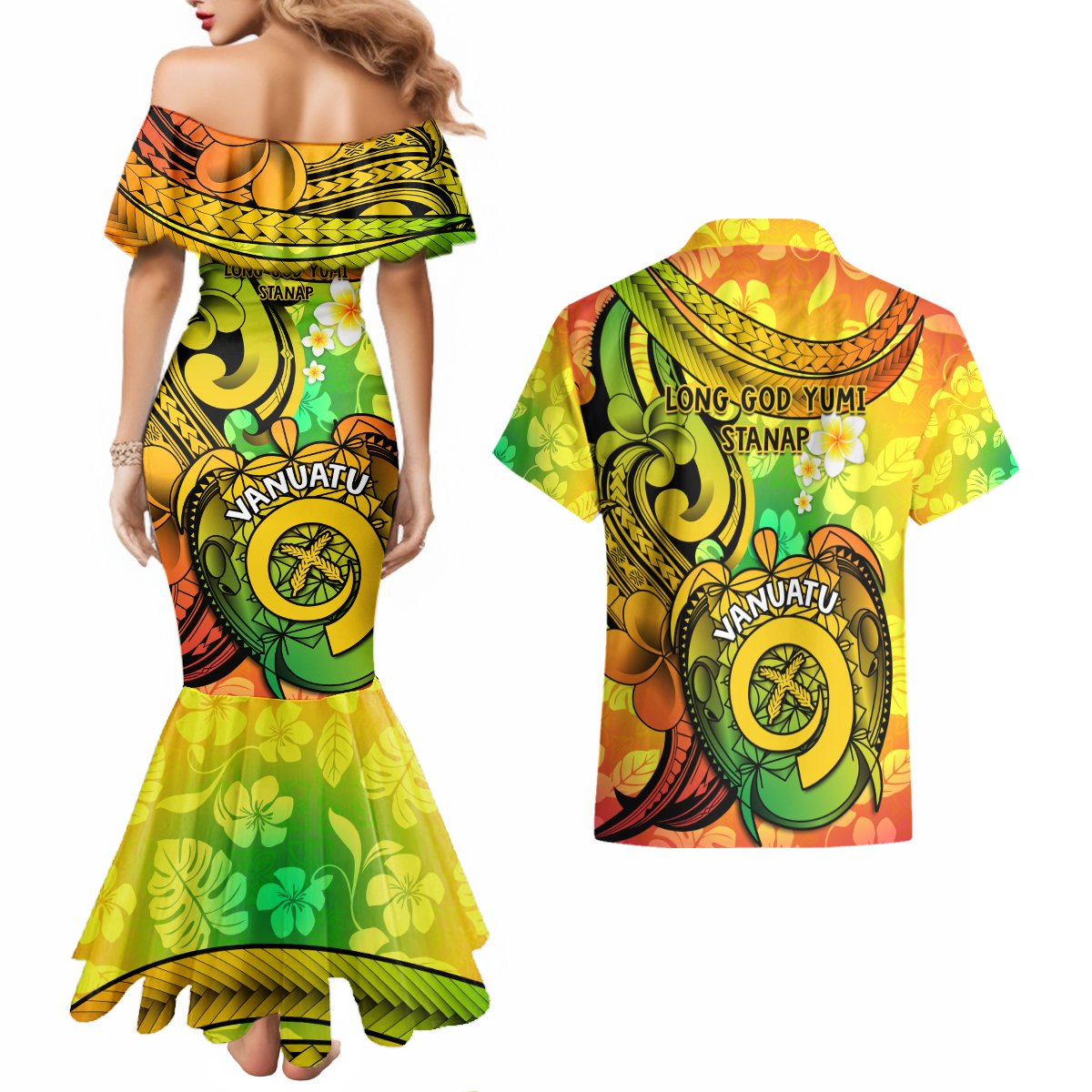 Halo Vanuatu Couples Matching Mermaid Dress and Hawaiian Shirt Sand Drawing Turtle Polynesian Tropical Flowers LT14 - Polynesian Pride