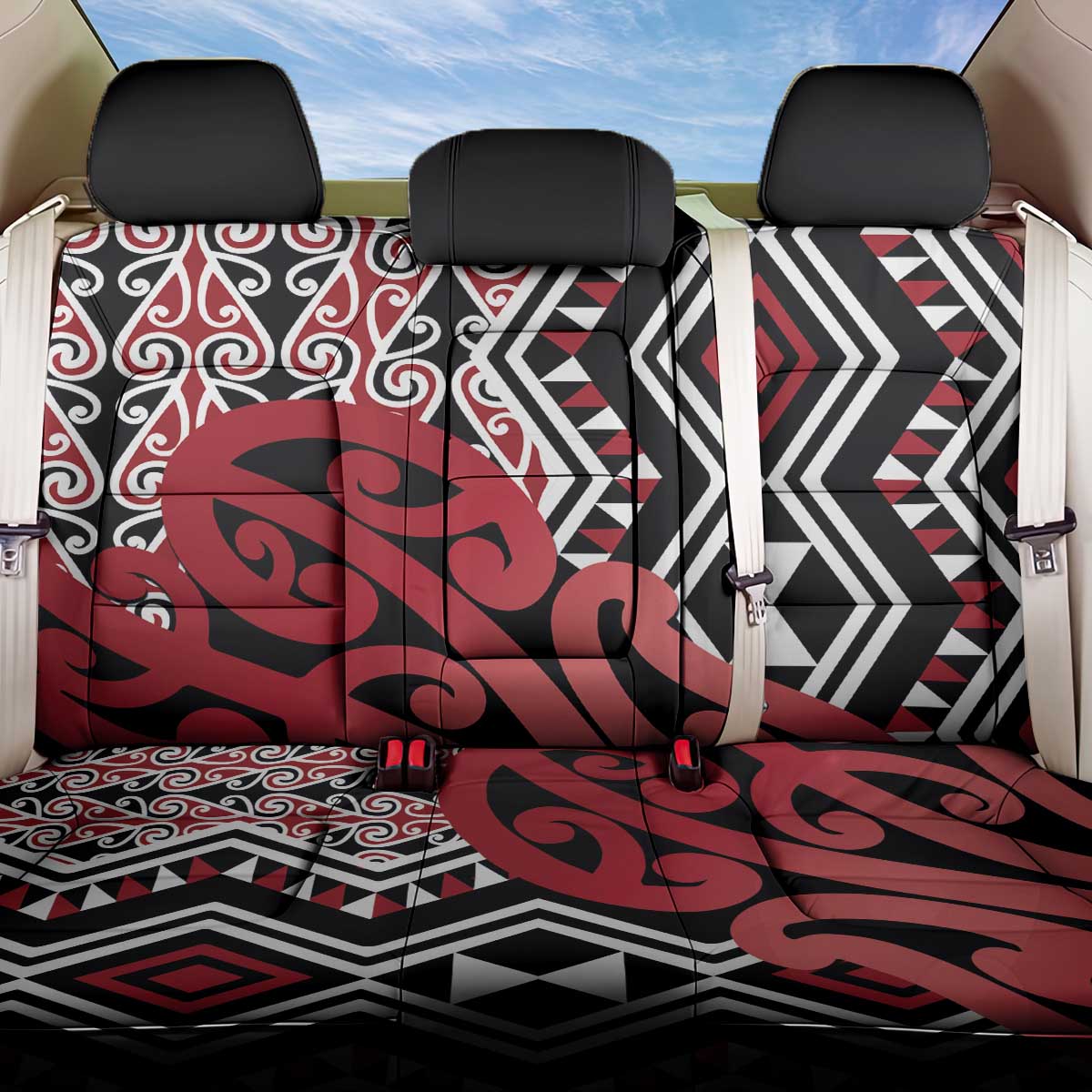 New Zealand Back Car Seat Cover Aotearoa Kowhaiwhai Mix Taniko Art - Red LT14 One Size Red - Polynesian Pride