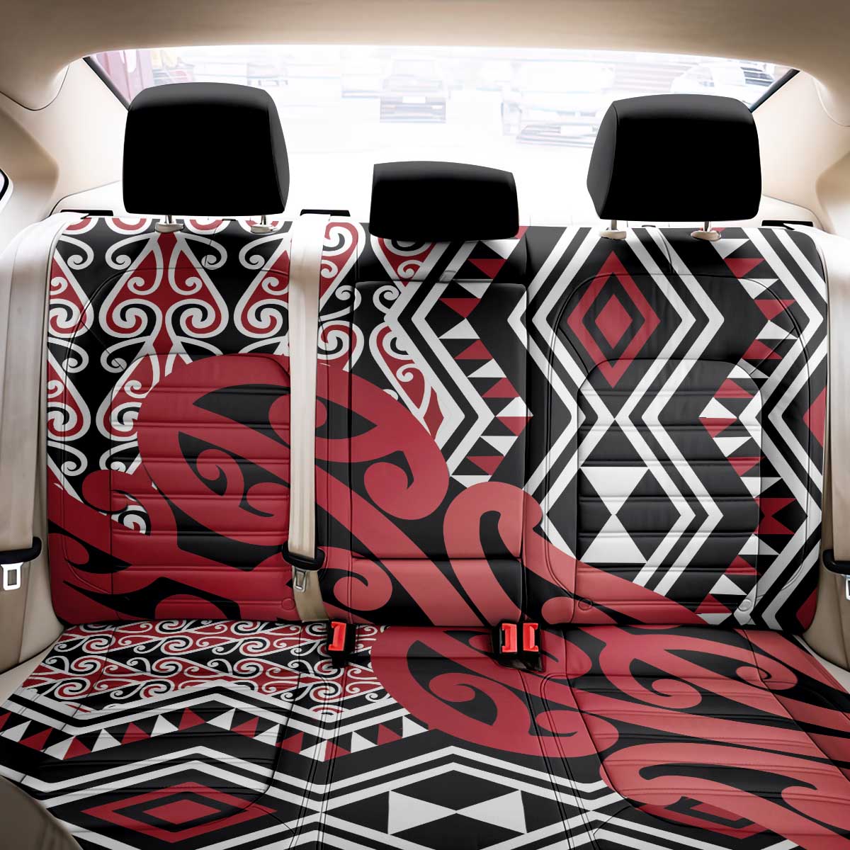 New Zealand Back Car Seat Cover Aotearoa Kowhaiwhai Mix Taniko Art - Red LT14 - Polynesian Pride