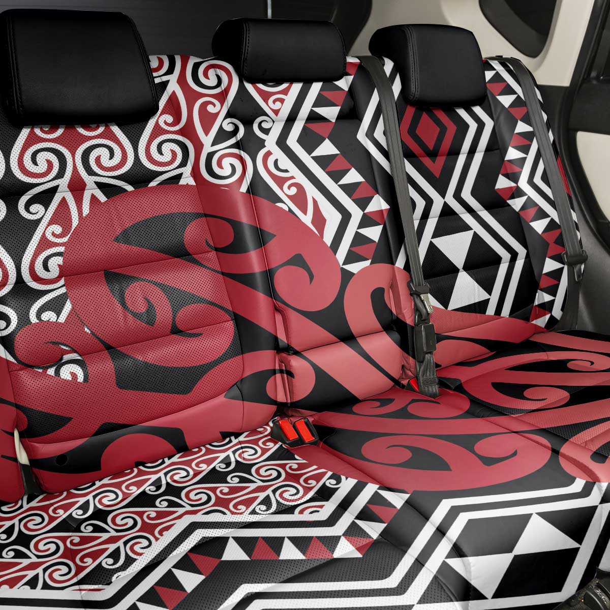 New Zealand Back Car Seat Cover Aotearoa Kowhaiwhai Mix Taniko Art - Red LT14 - Polynesian Pride