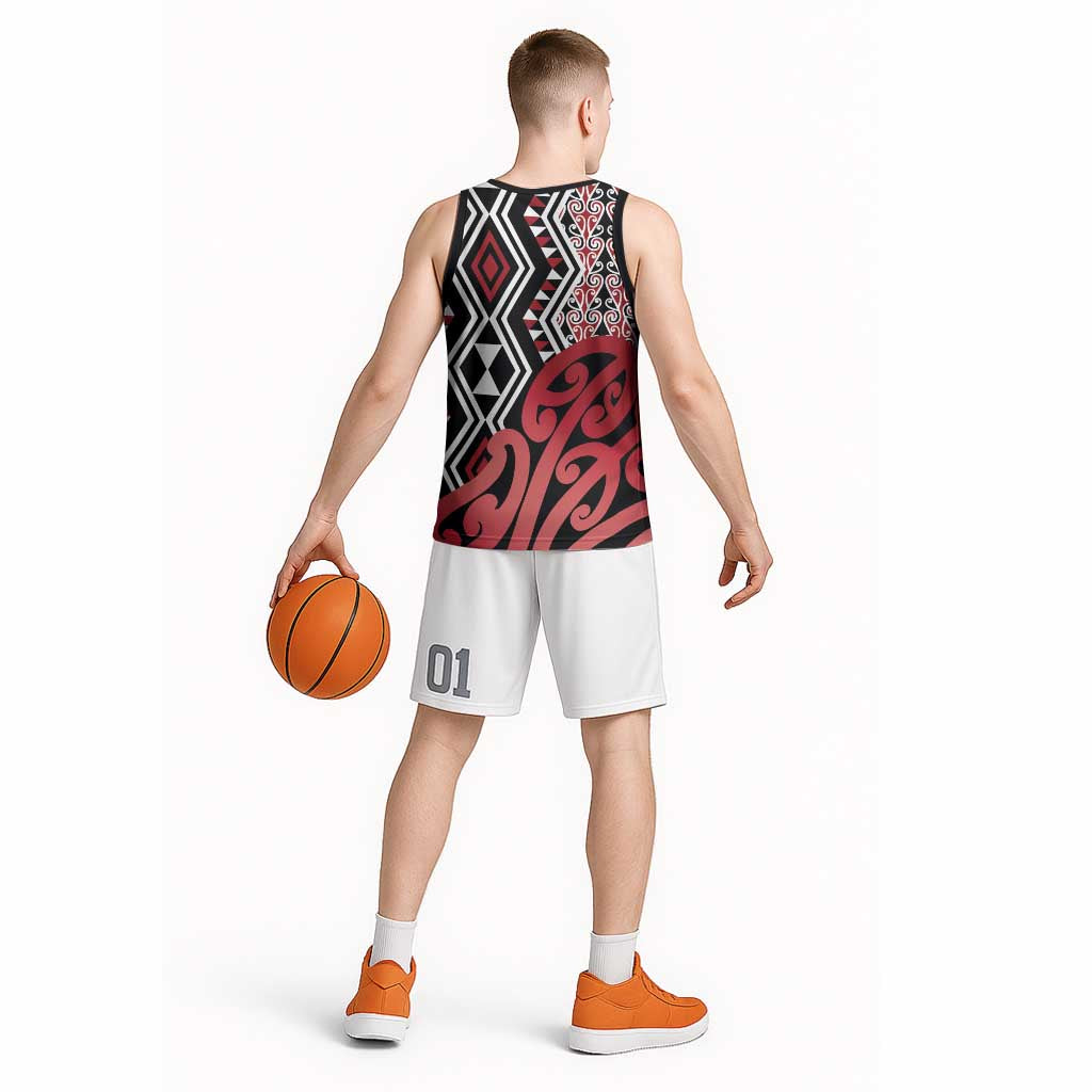 New Zealand Basketball Jersey Aotearoa Kowhaiwhai Mix Taniko Art - Red LT14 - Polynesian Pride
