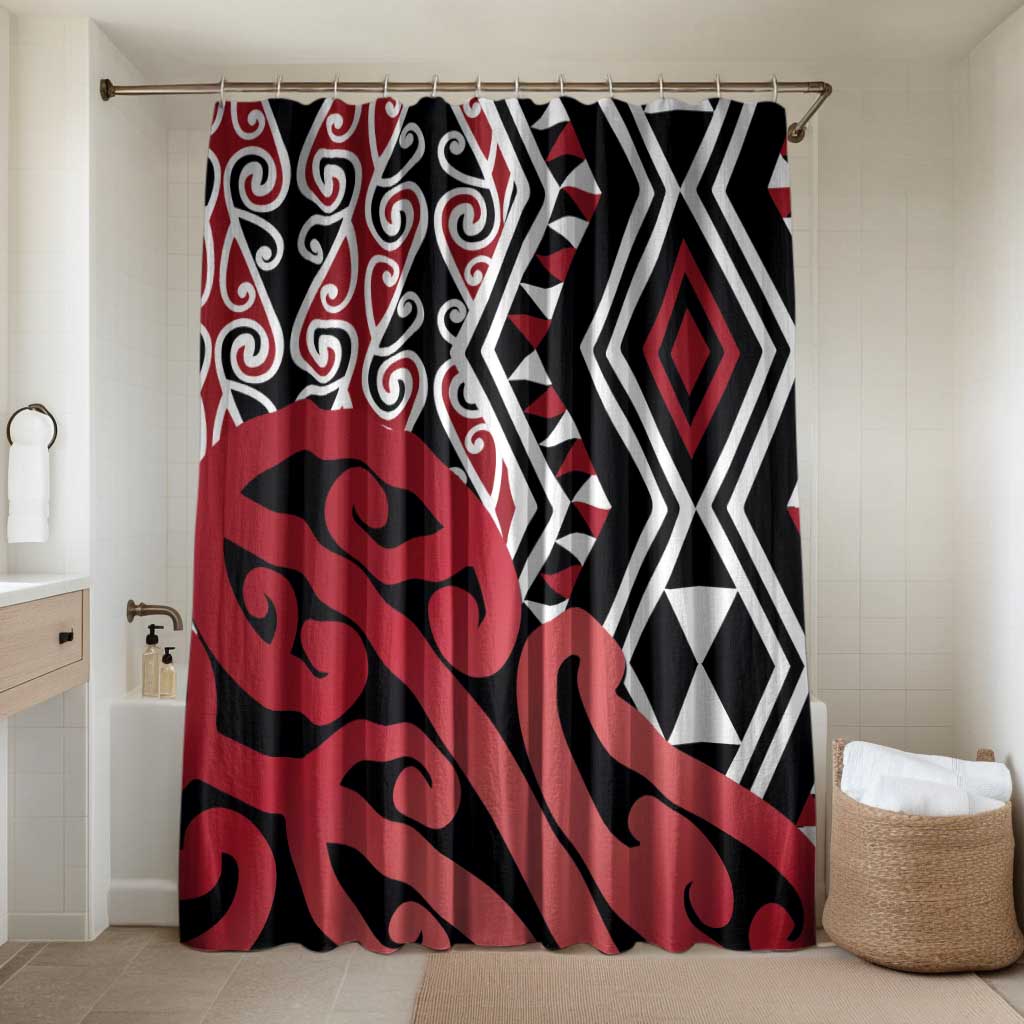 New Zealand Bathroom Set Aotearoa Kowhaiwhai Mix Taniko Art - Red - Polynesian Pride