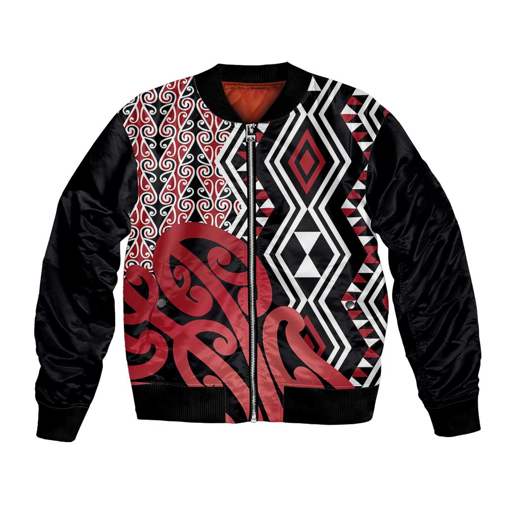 New Zealand Bomber Jacket Aotearoa Kowhaiwhai Mix Taniko Art - Red LT14 Unisex Red - Polynesian Pride