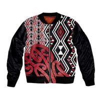 New Zealand Bomber Jacket Aotearoa Kowhaiwhai Mix Taniko Art - Red LT14 Unisex Red - Polynesian Pride