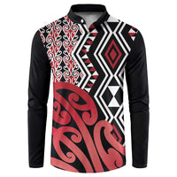 New Zealand Button Sweatshirt Aotearoa Kowhaiwhai Mix Taniko Art - Red