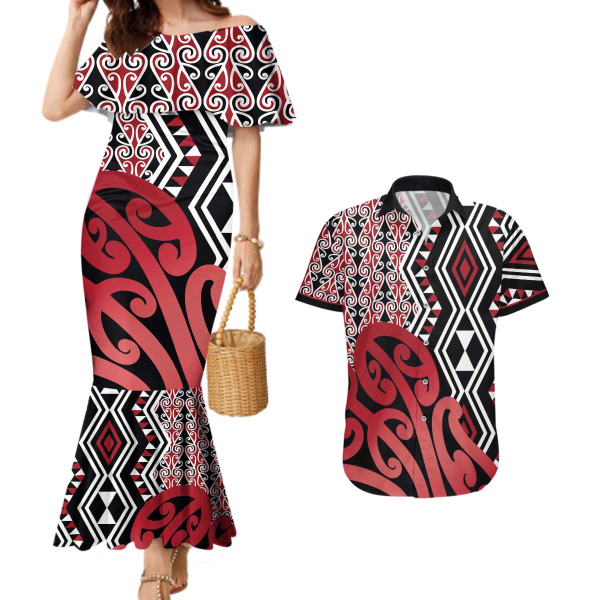 New Zealand Couples Matching Mermaid Dress and Hawaiian Shirt Aotearoa Kowhaiwhai Mix Taniko Art - Red LT14 Red - Polynesian Pride