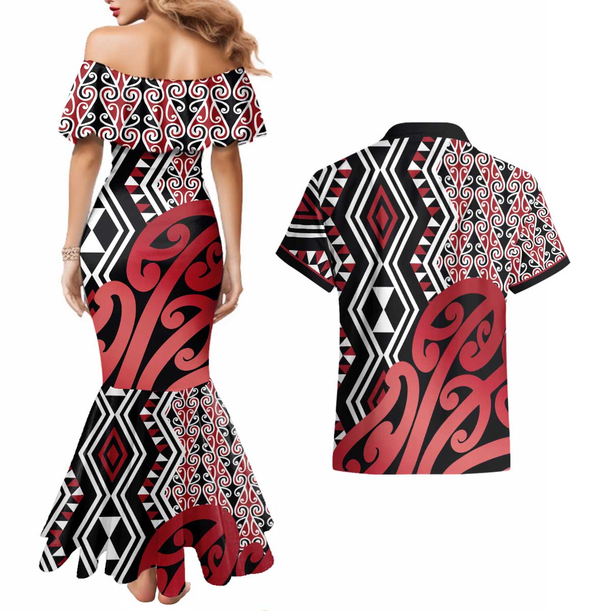 New Zealand Couples Matching Mermaid Dress and Hawaiian Shirt Aotearoa Kowhaiwhai Mix Taniko Art - Red LT14 - Polynesian Pride