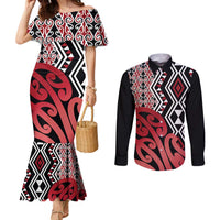 New Zealand Couples Matching Mermaid Dress and Long Sleeve Button Shirt Aotearoa Kowhaiwhai Mix Taniko Art - Red LT14 Red - Polynesian Pride