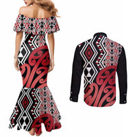 New Zealand Couples Matching Mermaid Dress and Long Sleeve Button Shirt Aotearoa Kowhaiwhai Mix Taniko Art - Red LT14 - Polynesian Pride