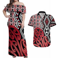 New Zealand Couples Matching Off Shoulder Maxi Dress and Hawaiian Shirt Aotearoa Kowhaiwhai Mix Taniko Art - Red LT14 Red - Polynesian Pride