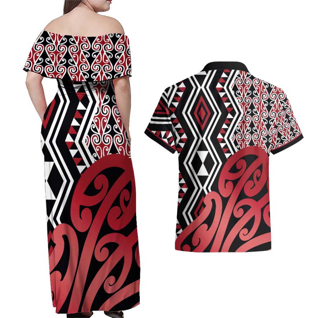 New Zealand Couples Matching Off Shoulder Maxi Dress and Hawaiian Shirt Aotearoa Kowhaiwhai Mix Taniko Art - Red LT14 - Polynesian Pride