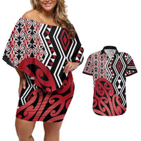 New Zealand Couples Matching Off Shoulder Short Dress and Hawaiian Shirt Aotearoa Kowhaiwhai Mix Taniko Art - Red LT14 Red - Polynesian Pride
