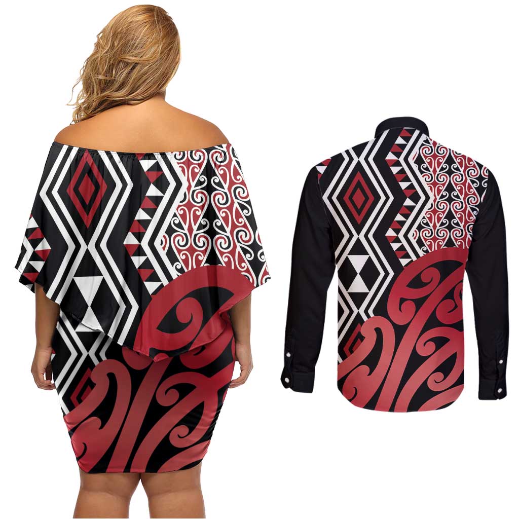 New Zealand Couples Matching Off Shoulder Short Dress and Long Sleeve Button Shirt Aotearoa Kowhaiwhai Mix Taniko Art - Red LT14 - Polynesian Pride