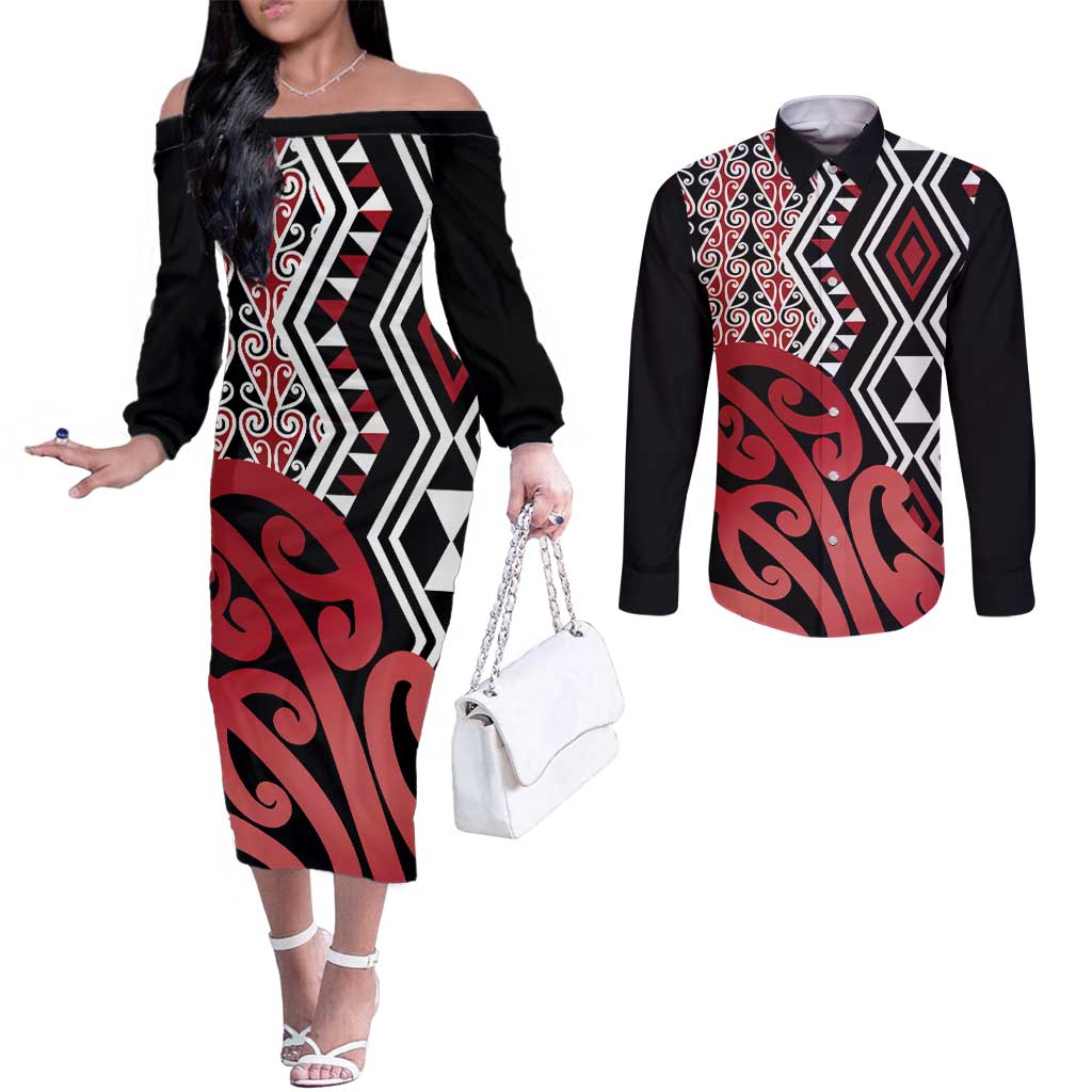 New Zealand Couples Matching Off The Shoulder Long Sleeve Dress and Long Sleeve Button Shirt Aotearoa Kowhaiwhai Mix Taniko Art - Red LT14 Red - Polynesian Pride