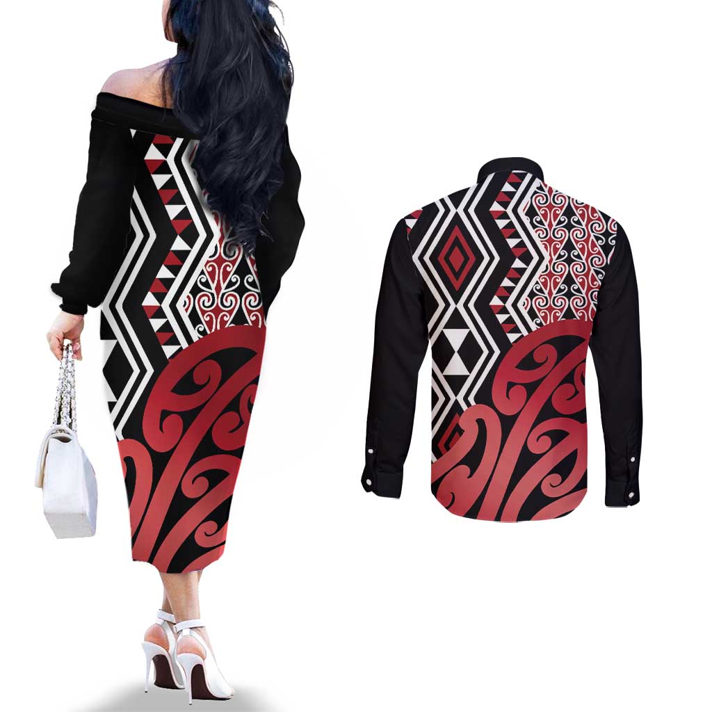 New Zealand Couples Matching Off The Shoulder Long Sleeve Dress and Long Sleeve Button Shirt Aotearoa Kowhaiwhai Mix Taniko Art - Red LT14 - Polynesian Pride