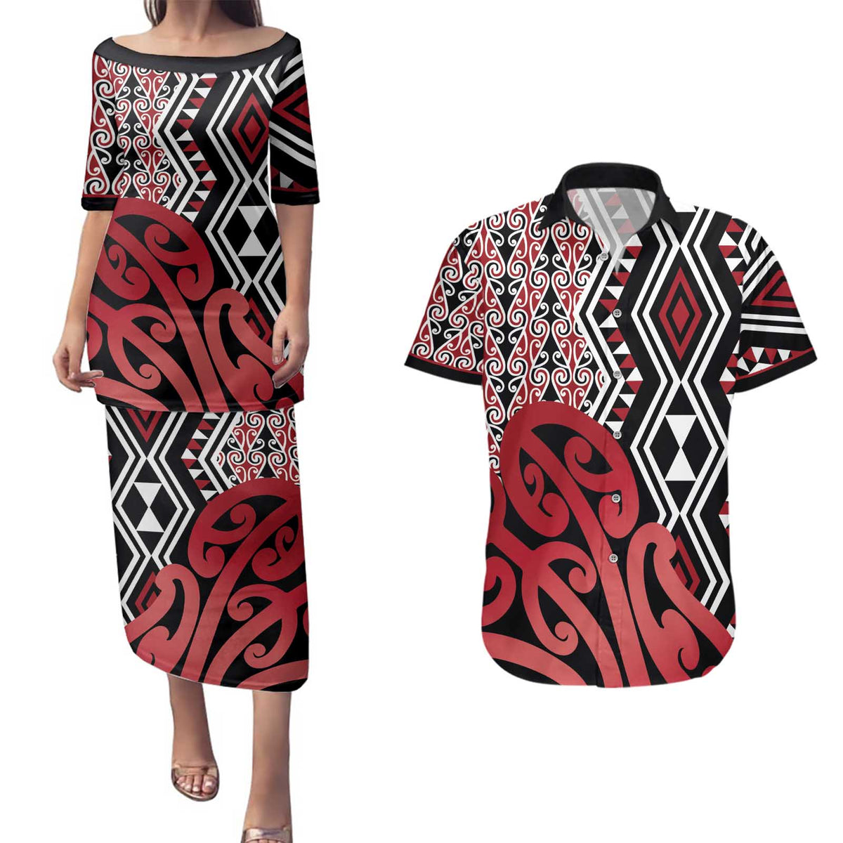 New Zealand Couples Matching Puletasi and Hawaiian Shirt Aotearoa Kowhaiwhai Mix Taniko Art - Red LT14 Red - Polynesian Pride