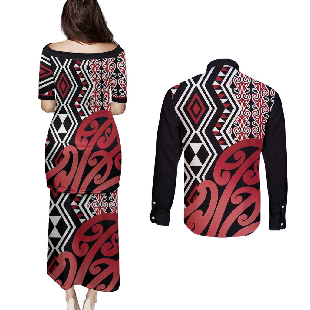 New Zealand Couples Matching Puletasi and Long Sleeve Button Shirt Aotearoa Kowhaiwhai Mix Taniko Art - Red LT14 - Polynesian Pride