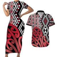 New Zealand Couples Matching Short Sleeve Bodycon Dress and Hawaiian Shirt Aotearoa Kowhaiwhai Mix Taniko Art - Red LT14 Red - Polynesian Pride