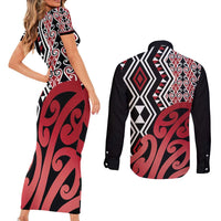 New Zealand Couples Matching Short Sleeve Bodycon Dress and Long Sleeve Button Shirt Aotearoa Kowhaiwhai Mix Taniko Art - Red LT14 - Polynesian Pride