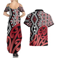 New Zealand Couples Matching Summer Maxi Dress and Hawaiian Shirt Aotearoa Kowhaiwhai Mix Taniko Art - Red LT14 - Polynesian Pride