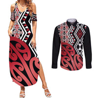 New Zealand Couples Matching Summer Maxi Dress and Long Sleeve Button Shirt Aotearoa Kowhaiwhai Mix Taniko Art - Red LT14 Red - Polynesian Pride