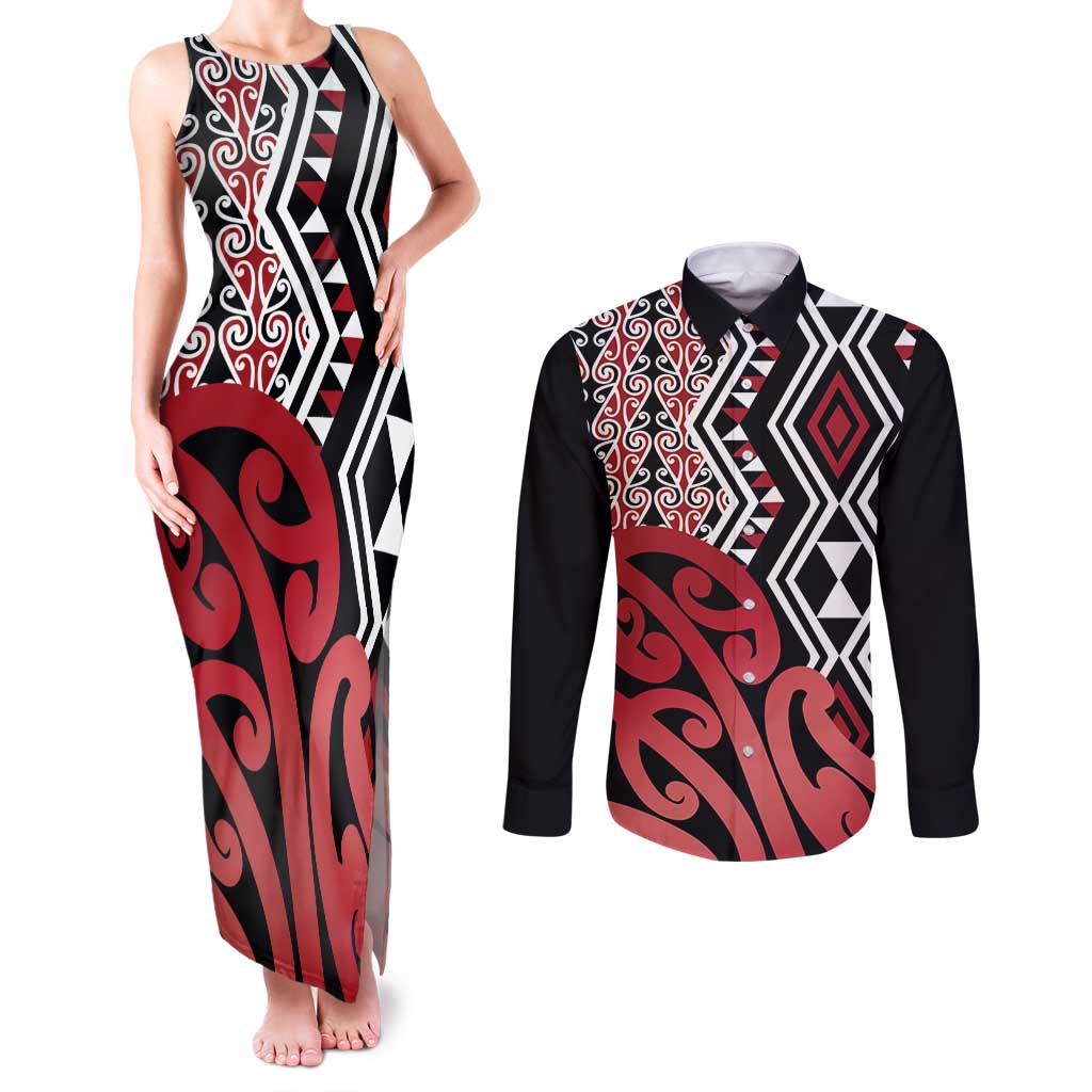 New Zealand Couples Matching Tank Maxi Dress and Long Sleeve Button Shirt Aotearoa Kowhaiwhai Mix Taniko Art - Red LT14 Red - Polynesian Pride