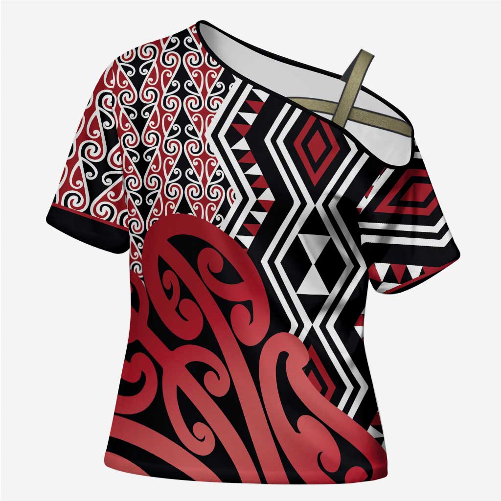 New Zealand Cross Shoulder Shirt Aotearoa Kowhaiwhai Mix Taniko Art - Red LT14 Female Red - Polynesian Pride