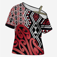 New Zealand Cross Shoulder Shirt Aotearoa Kowhaiwhai Mix Taniko Art - Red LT14 Female Red - Polynesian Pride