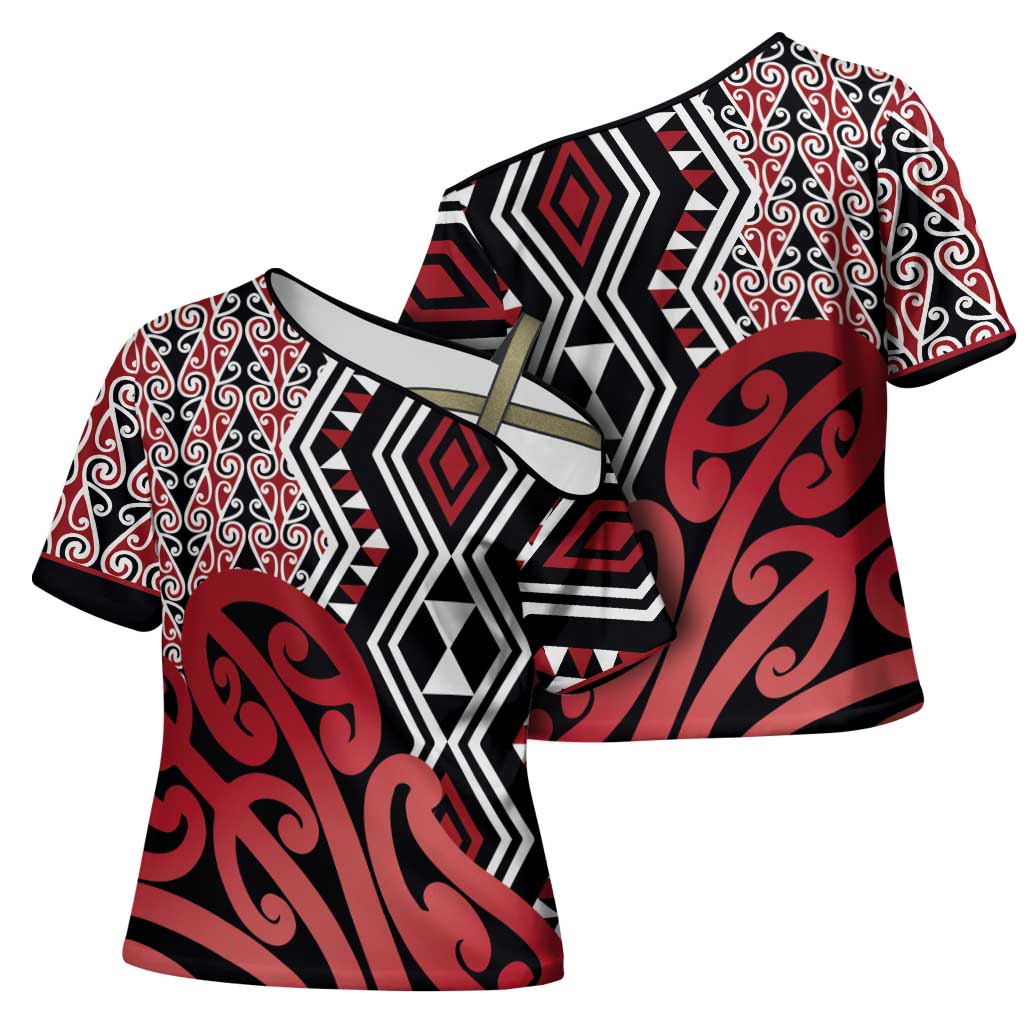 New Zealand Cross Shoulder Shirt Aotearoa Kowhaiwhai Mix Taniko Art - Red LT14 - Polynesian Pride