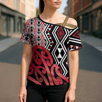 New Zealand Cross Shoulder Shirt Aotearoa Kowhaiwhai Mix Taniko Art - Red LT14 - Polynesian Pride