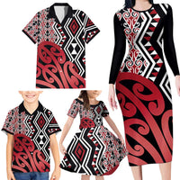New Zealand Family Matching Long Sleeve Bodycon Dress and Hawaiian Shirt Aotearoa Kowhaiwhai Mix Taniko Art - Red LT14 - Polynesian Pride