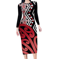 New Zealand Family Matching Long Sleeve Bodycon Dress and Hawaiian Shirt Aotearoa Kowhaiwhai Mix Taniko Art - Red LT14 Mom's Dress Red - Polynesian Pride