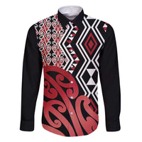New Zealand Family Matching Mermaid Dress and Hawaiian Shirt Aotearoa Kowhaiwhai Mix Taniko Art - Red LT14 Dad's Shirt - Long Sleeve Red - Polynesian Pride
