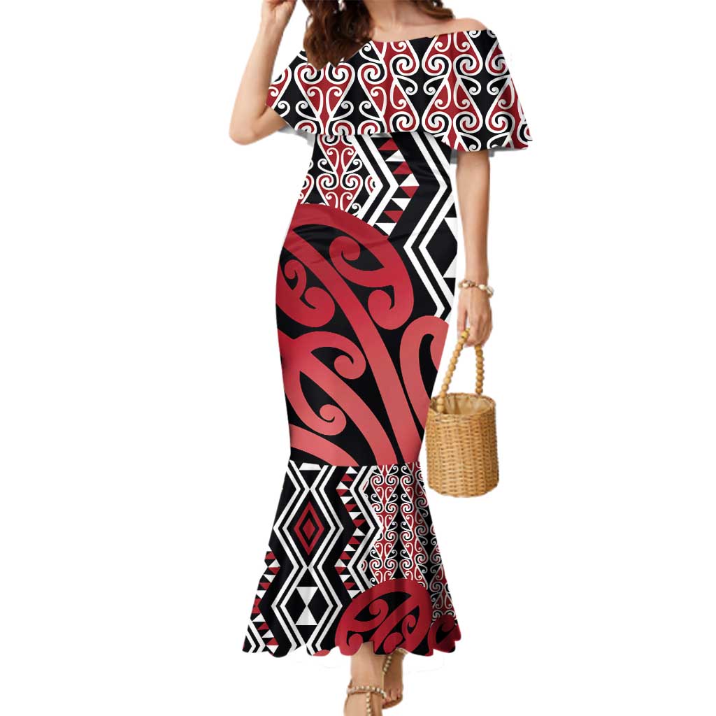 New Zealand Family Matching Mermaid Dress and Hawaiian Shirt Aotearoa Kowhaiwhai Mix Taniko Art - Red LT14 Mom's Dress Red - Polynesian Pride