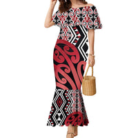 New Zealand Family Matching Mermaid Dress and Hawaiian Shirt Aotearoa Kowhaiwhai Mix Taniko Art - Red LT14 Mom's Dress Red - Polynesian Pride