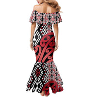 New Zealand Family Matching Mermaid Dress and Hawaiian Shirt Aotearoa Kowhaiwhai Mix Taniko Art - Red LT14 - Polynesian Pride