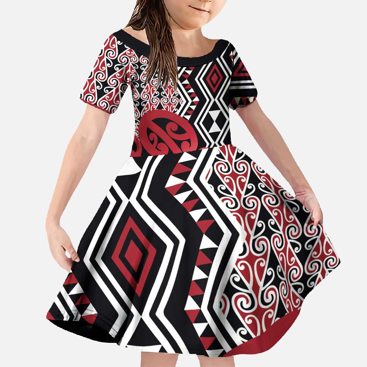 New Zealand Family Matching Off The Shoulder Long Sleeve Dress and Hawaiian Shirt Aotearoa Kowhaiwhai Mix Taniko Art - Red LT14 Daughter's Dress Red - Polynesian Pride