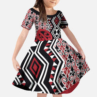 New Zealand Family Matching Off The Shoulder Long Sleeve Dress and Hawaiian Shirt Aotearoa Kowhaiwhai Mix Taniko Art - Red LT14 Daughter's Dress Red - Polynesian Pride