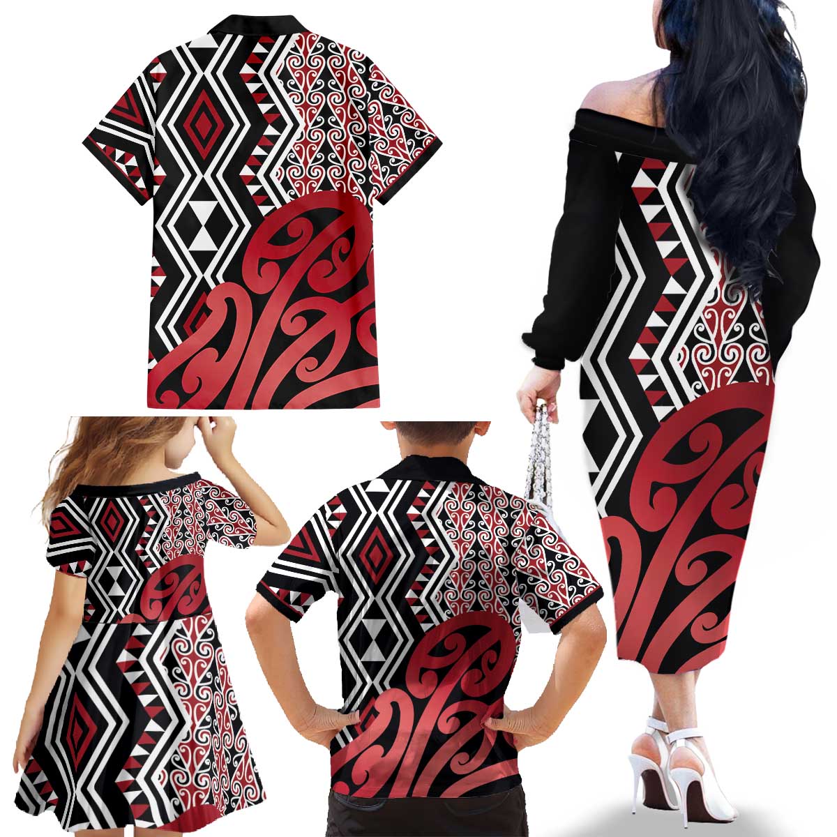 New Zealand Family Matching Off The Shoulder Long Sleeve Dress and Hawaiian Shirt Aotearoa Kowhaiwhai Mix Taniko Art - Red LT14 - Polynesian Pride