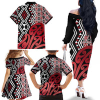 New Zealand Family Matching Off The Shoulder Long Sleeve Dress and Hawaiian Shirt Aotearoa Kowhaiwhai Mix Taniko Art - Red LT14 - Polynesian Pride