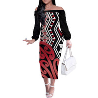 New Zealand Family Matching Off The Shoulder Long Sleeve Dress and Hawaiian Shirt Aotearoa Kowhaiwhai Mix Taniko Art - Red LT14 Mom's Dress Red - Polynesian Pride