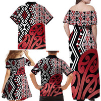New Zealand Family Matching Off Shoulder Maxi Dress and Hawaiian Shirt Aotearoa Kowhaiwhai Mix Taniko Art - Red LT14 - Polynesian Pride