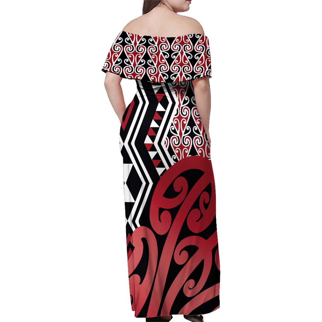New Zealand Family Matching Off Shoulder Maxi Dress and Hawaiian Shirt Aotearoa Kowhaiwhai Mix Taniko Art - Red LT14 - Polynesian Pride