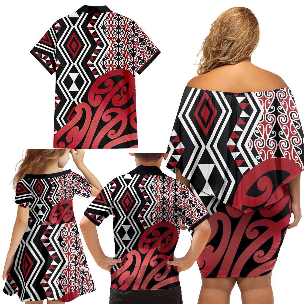 New Zealand Family Matching Off Shoulder Short Dress and Hawaiian Shirt Aotearoa Kowhaiwhai Mix Taniko Art - Red LT14 - Polynesian Pride