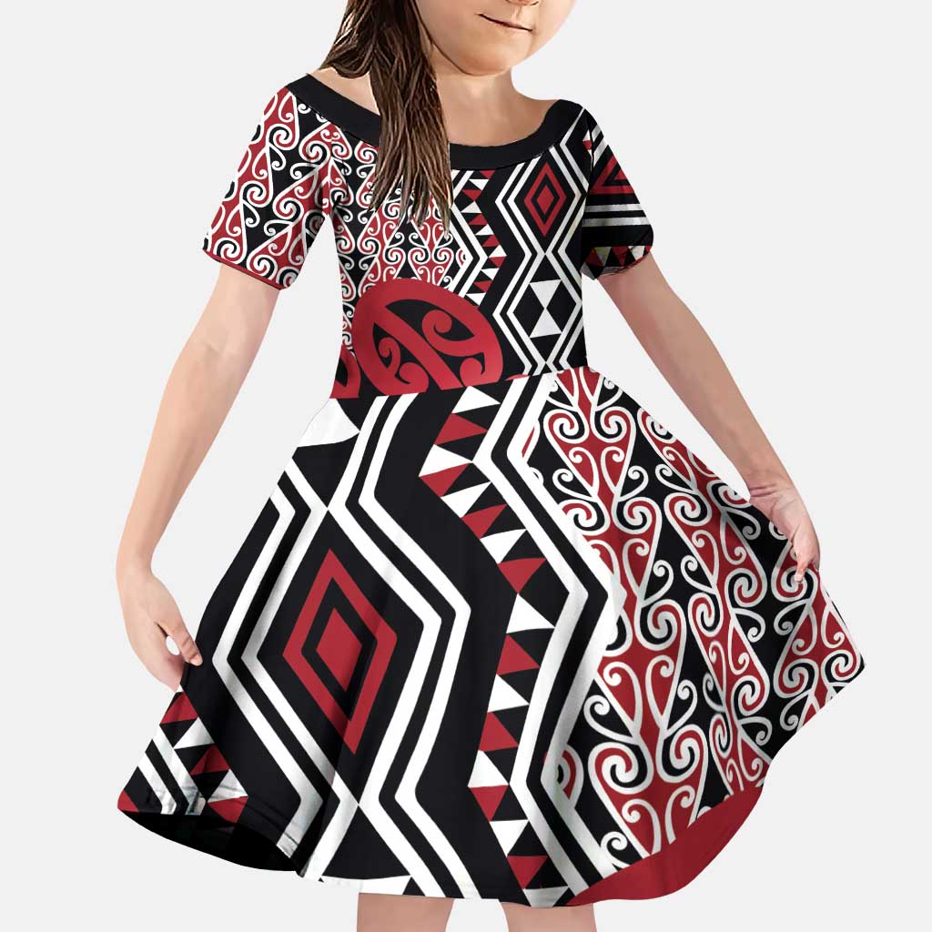 New Zealand Family Matching Puletasi and Hawaiian Shirt Aotearoa Kowhaiwhai Mix Taniko Art - Red LT14 Daughter's Dress Red - Polynesian Pride
