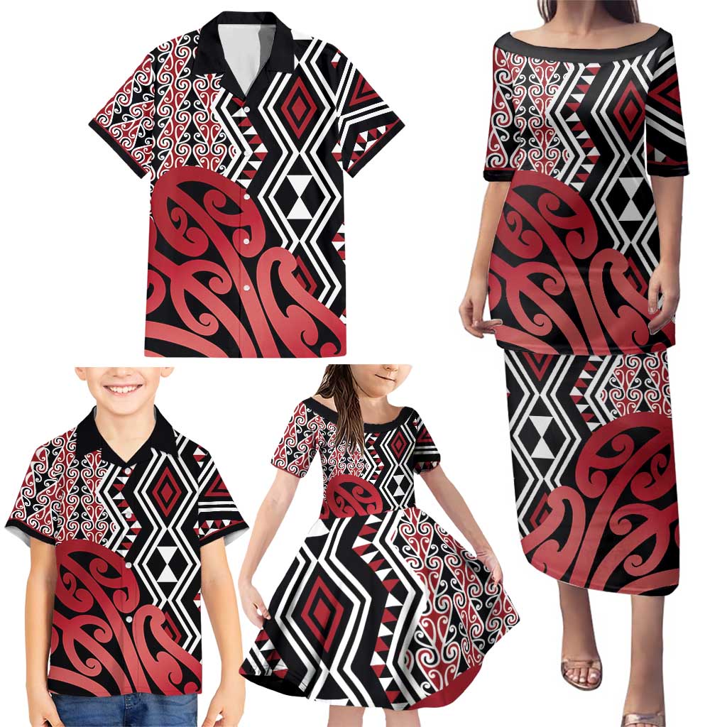 New Zealand Family Matching Puletasi and Hawaiian Shirt Aotearoa Kowhaiwhai Mix Taniko Art - Red LT14 - Polynesian Pride