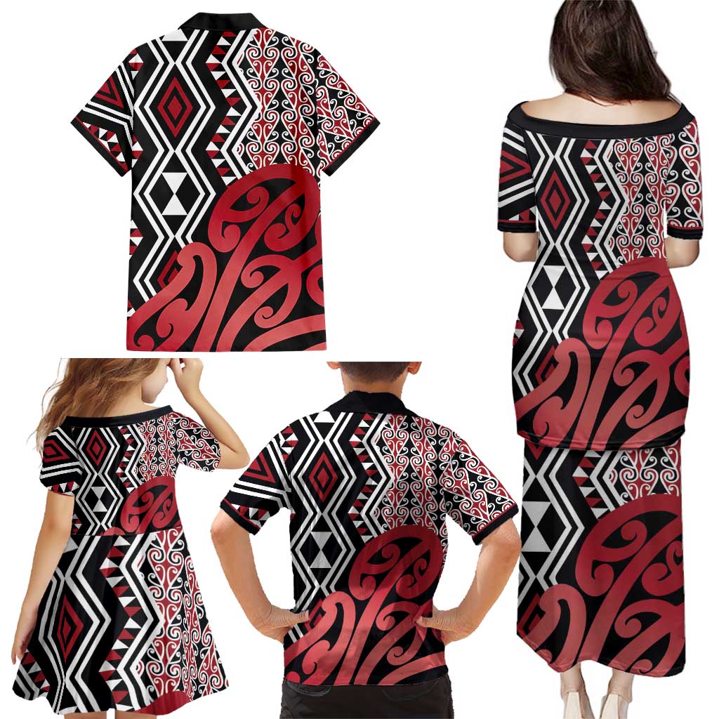 New Zealand Family Matching Puletasi and Hawaiian Shirt Aotearoa Kowhaiwhai Mix Taniko Art - Red LT14 - Polynesian Pride