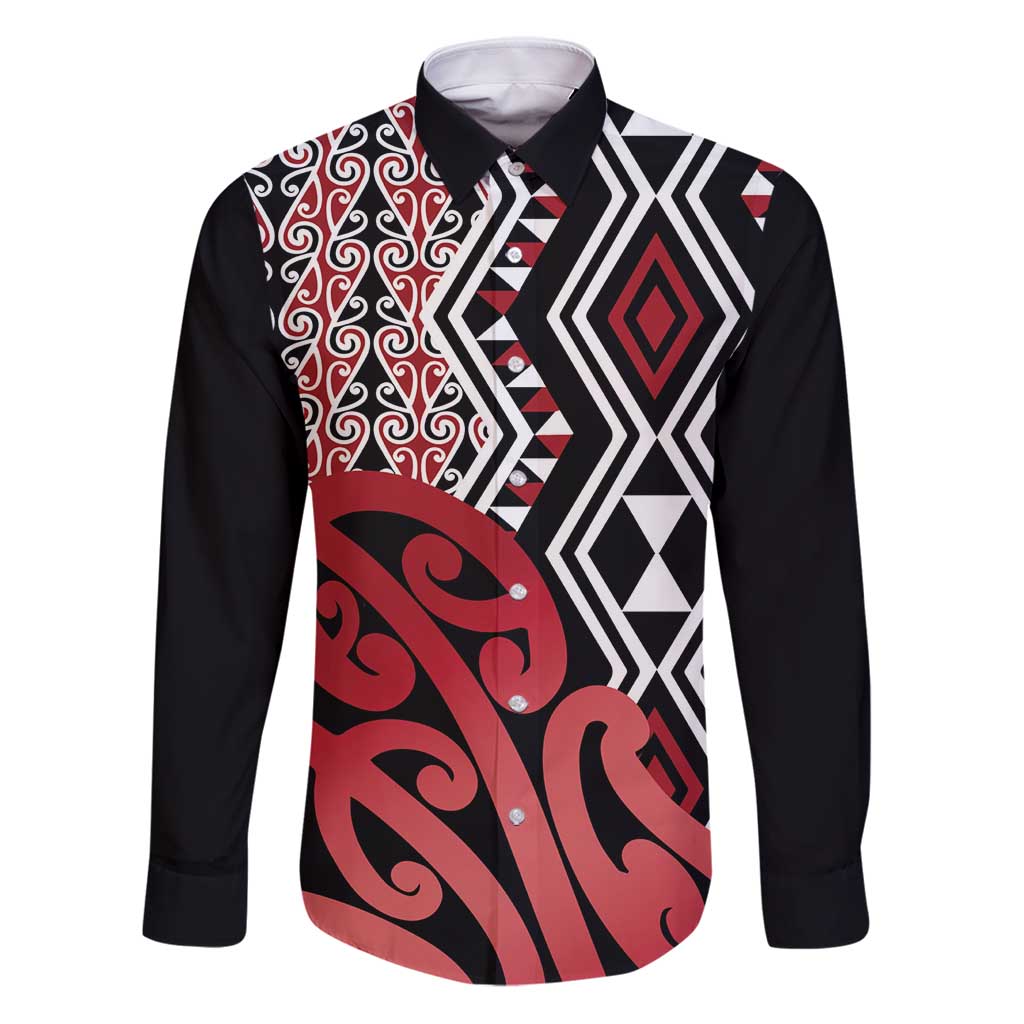 New Zealand Family Matching Puletasi and Hawaiian Shirt Aotearoa Kowhaiwhai Mix Taniko Art - Red LT14 Dad's Shirt - Long Sleeve Red - Polynesian Pride