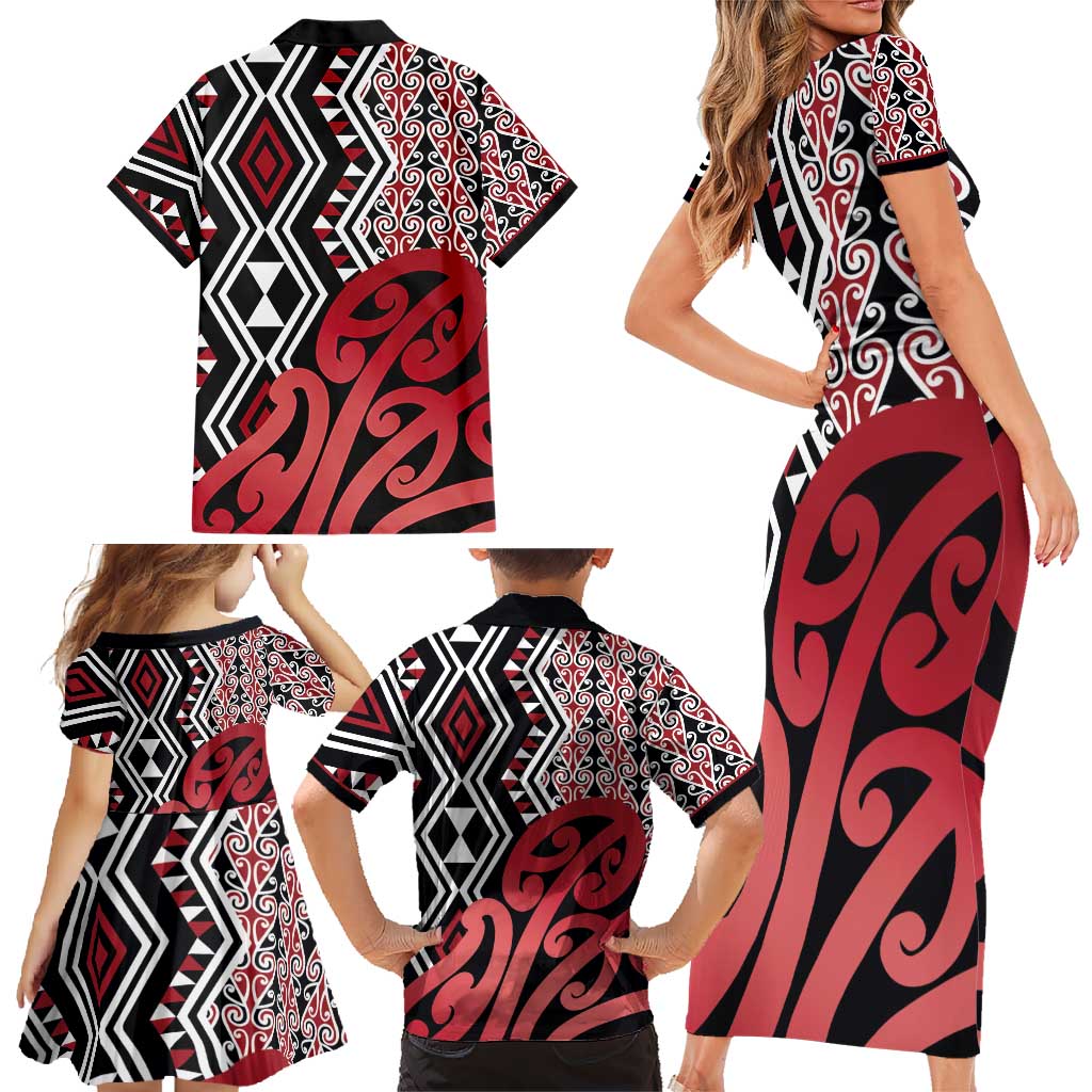 New Zealand Family Matching Short Sleeve Bodycon Dress and Hawaiian Shirt Aotearoa Kowhaiwhai Mix Taniko Art - Red LT14 - Polynesian Pride