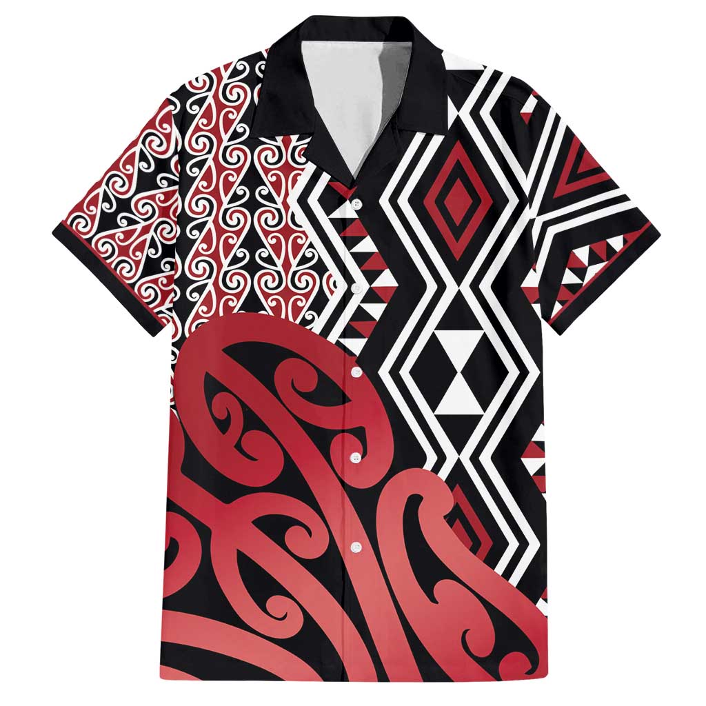 New Zealand Family Matching Summer Maxi Dress and Hawaiian Shirt Aotearoa Kowhaiwhai Mix Taniko Art - Red LT14 Dad's Shirt - Short Sleeve Red - Polynesian Pride